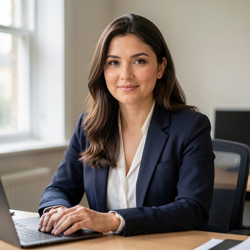 Editorial portrait of a woman seated at a desk in a quiet London office, soft natural daylight from window to her left