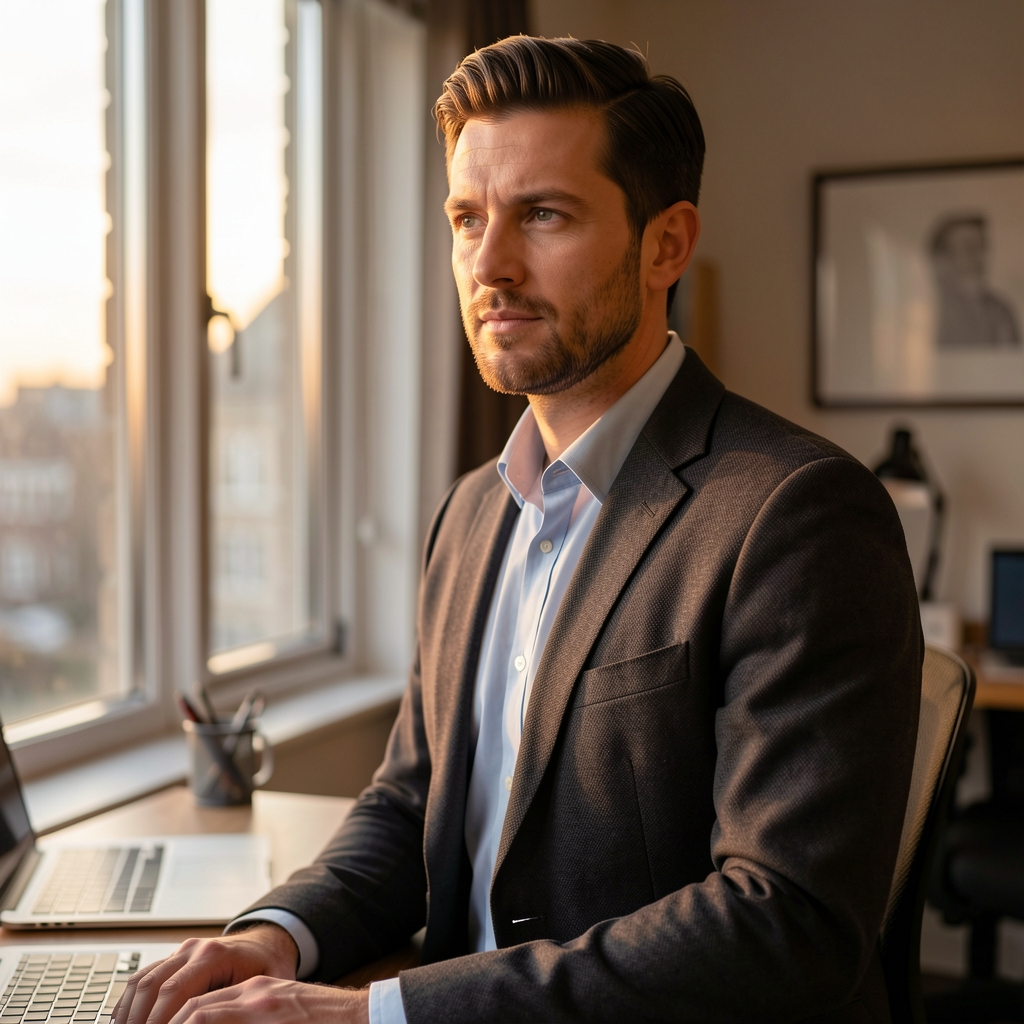 Editorial portrait of a man at a standing desk looking towards a window, warm evening light, London workspace