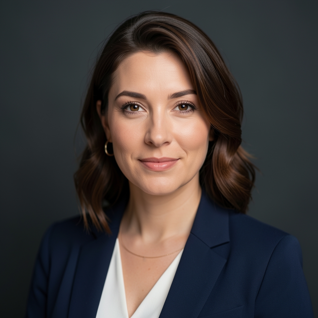 Editorial portrait of a woman against a plain dark wall, controlled studio lighting, quiet professional setting