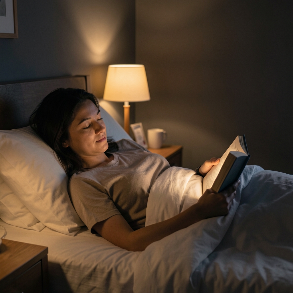 Person lying in bed reading a book under warm bedside lamp in a dark room, late evening quiet scene
