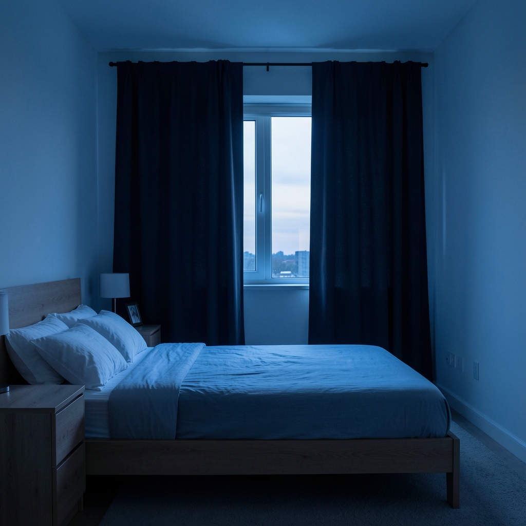 Dim blue-tinted bedroom at dusk with window partially covered by blackout curtain, minimal furniture