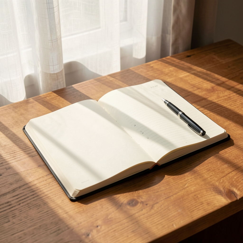 Open sleep tracking notebook on a wooden desk with a pen, morning light through curtains casting long shadows
