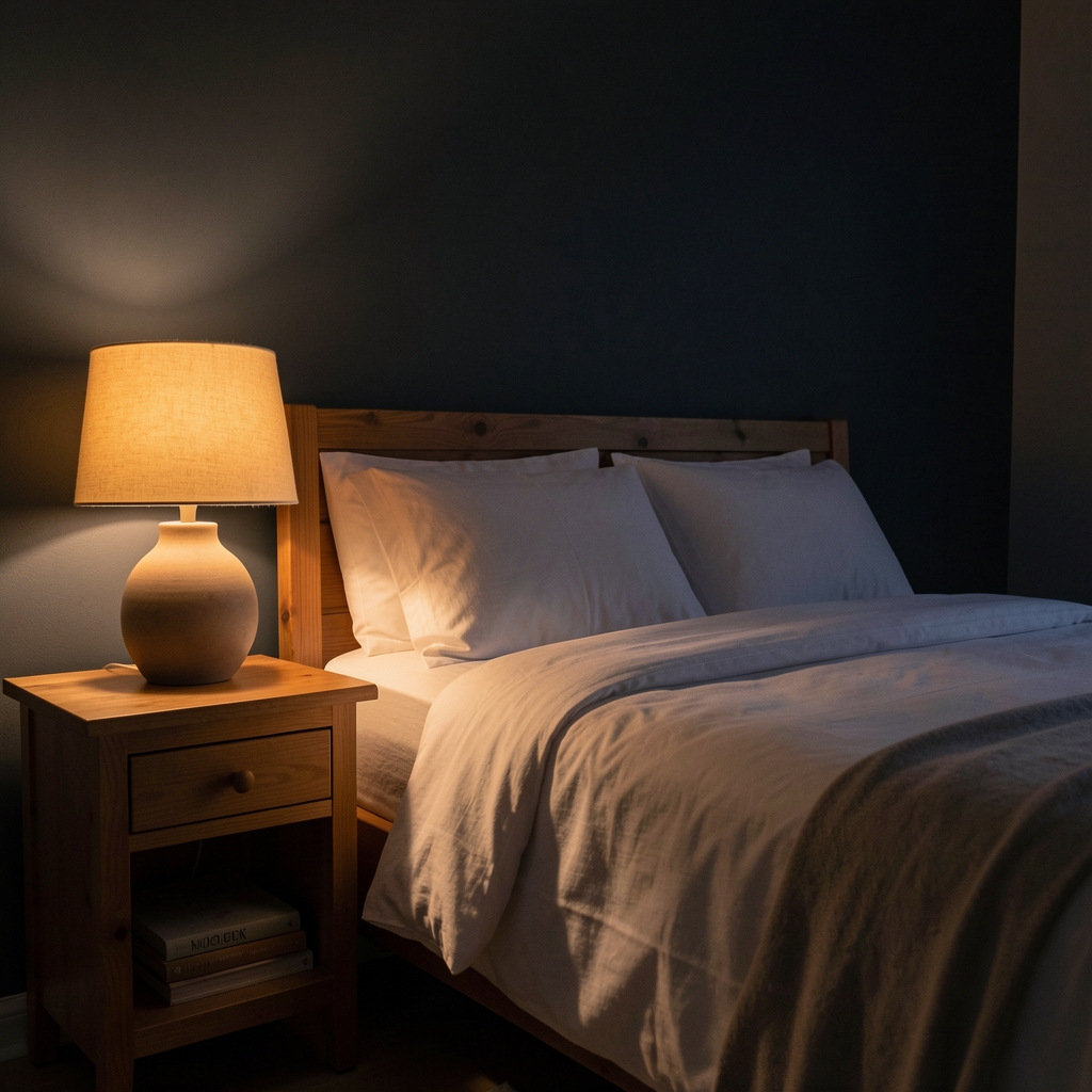 Quiet bedroom at night with warm amber lamp on a wooden nightstand, dark walls, white linen sheets, long exposure low light photography